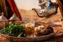 طقس تقديم شاي بالنعناع والزعفران المغربي، إبريق شاي فضي مزخرف يصب الشاي الذهبي من ارتفاع في كأس زجاجية صغيرة مزينة بورق النعناع وخيوط الزعفران، مع حلويات مغربية على مائدة صحراوية