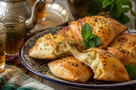 طريقة-عمل-فطائر بطاطس مغربية ذهبية محشوة بالبطاطس والجبنة الذائبة، مكدسة في طبق تقديم مع أوراق النعناع وكوب شاي