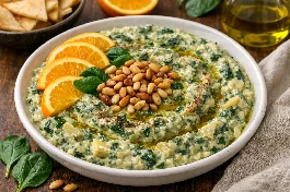 طريقة-عمل-طبق خزفي أبيض يحتوي متبل أرضي شوكي كريمي مخضر مع قطع أرضي شوكي وسبانخ، مزين بشرائح البرتقال الذهبية والصنوبر المحمص وزيت الزيتون
