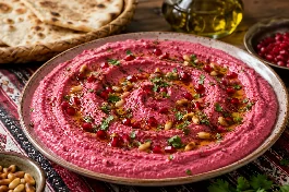 طبق حمص بالبنجر والطحينة عُماني بلون وردي طبيعي جذاب، مزين بزيت الزيتون وحب الرمان والصنوبر المحمص والكزبرة الطازجة