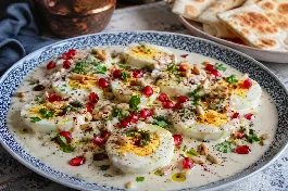 طريقة-عمل-طبق بيض مسلوق عُماني أنصاف بيض مغطاة بصلصة طحينة وليمون كريمية، مزينة بالبقدونس والصنوبر المحمص وحبوب الرمان، يقدم في طبق تقديم أنيق
