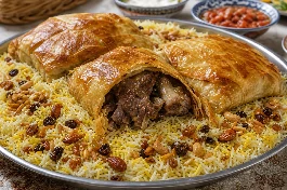 طبق أوزي كويتي ذهبي باللحم المحمّر والأرز البسمتي المفلفل المدخن مع خبز الرقاق المقرمش والمكسرات