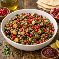 طريقة-عمل-سلطة فول فلسطينية بالباذنجان المشوي وحبوب الرمان وتتبيلة ليمون وزيت زيتون