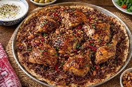 طبق مسخن فلسطيني من الدجاج المحمر مع البصل والسماق على خبز الطابون المشرب بزيت الزيتون ومزين باللوز والصنوبر