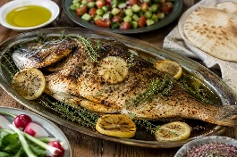سمكة مشوية فلسطينية بالليمون والزعتر البري، سمكة كاملة ذهبية مشوية على الفحم بجلد مقرمش مزينة بشرائح الليمون المشوي والزعتر الطازج، تقدم مع خبز طابون وسلطة فلسطينية