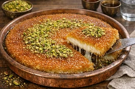 طريقة-عمل-طبق كنافة خشنة فلسطينية ذهبية مقرمشة مع طبقة قشطة وجبن نابلسي ذائب، مزينة بالفستق الحلبي والقطر، تقدم في صينية نحاسية