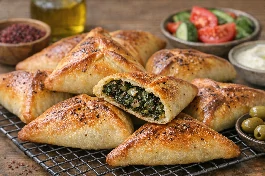 طريقة-عمل-فطاير سبانخ فلسطينية مثلثة الشكل ذهبية اللون محشوة بالسبانخ الطازج والبصل والسماق مع زيت الزيتون البكر