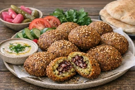 طريقة-عمل-أقراص فلافل فلسطينية ذهبية مقرمشة محشية بالبصل والسماق، تقدم مع الطحينة والخضروات المخللة والخبز العربي