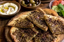 أرغفة خبز طابون فلسطيني محمصة ومغطاة بزيت الزيتون والزعتر الأخضر مع السماق الأحمر، تقدم على طبق خشبي تقليدي مع زيتون ولبنة، مشهد دافئ ومليء بالتراث