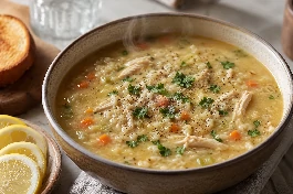 طريقة-عمل-شوربة دجاج قطرية كريمية وصحية بالشوفان، قطع دجاج طريّة وحبوب شوفان كاملة، تقدم في أطباق عميقة مع البقدونس الطازج وشرائح الليمون