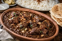 طبق لحم بالبصل والخل قطري، قطع لحم طري في صلصة بنية غنية بالبصل المكرمل والخل والتوابل، يقدم في طبق تقليدي مع أرز أبيض وخبز تنور