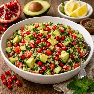 طريقة-عمل-طبق سلطة كينوا ملونة بالأفوكادو الكريمي وحبوب الرمان الياقوتية والخضار الطازجة مع تتبيلة ليمونية منعشة على طاولة صيفية