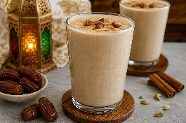 كوب زجاجي طويل من مشروب التمر باللبن الكريمي مع حبات تمر كاملة للتزيين، في أجواء إفطار رمضاني عربي