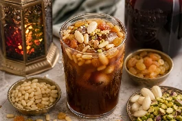 كوب جلاب لبناني تقليدي بارد مزين بالصنوبر والزبيب الذهبي ومكعبات الثلج، على طاولة فيها فانوس رمضان ومكسرات