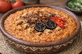 طريقة-عمل-طبق خزف نجدي كبير مملوء بالجريش الأحمر المطبوخ مع قطع الدجاج المتفتتة، مزين بالبصل المحمر وشرائح الليمون الأسود والفلفل الأحمر الحار
