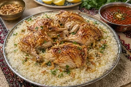 طبق سليق الدجاج السعودي بالأرز المفلفل الكريمي بالحليب والهيل ومعه دقوس الطماطم الحار والسمن البري