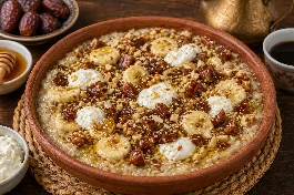 طبق معصوب موز سعودي بالقشطة والعسل والتمر مع خبز أسمر مهروس وسمن بري مدخن