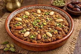 طريقة-عمل-طبق حيسة سعودية تقليدية بالتمر والمكسرات في صحن تقديم فخاري مزين بالهيل والمكسرات