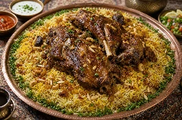 مفطح لحم سعودي فاخر على طبقة أرز بسمتي ذهبي مفلفل مزين بالمكسرات والزبيب واللحم الذائب المتبل بالبهارات الخليجية، صينية تقديم واسعة تصلح للولائم والعزائم