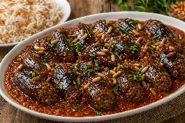 طريقة-عمل-طبق شيخ المحشي اللبناني باذنجان محشو باللحم والصنوبر في صلصة الطماطم المكرملة مع أرز بالشعيرية