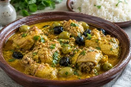 طريقة-عمل-طاجن دجاج صومالي بالزعفران والزيتون في صلصة كريمية ذهبية، قطع دجاج طريّة وزيتون أخضر وأسود في طبق فخاري مع الأرز البسمتي