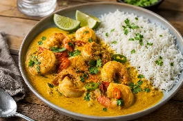 طبق روبيان بالكاري وجوز الهند صومالي، روبيان كبير يسبح في صلصة كاري كريمية ذهبية مع حليب جوز الهند والكزبرة الطازجة والفلفل الحار، يقدم مع أرز بسمتي وشرائح ليمون