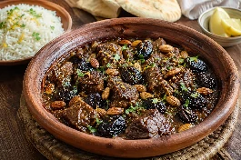 طريقة-عمل-طاجن لحم صومالي بالبرقوق واللوز في صلصة حلوة مالحة داكنة، قطع لحم طريّة وبرقوق لامع ولوز محمص، يقدم مع أرز مفلفل أو خبز