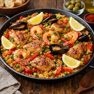 طريقة-عمل-باييلا إسبانية بالدجاج والمأكولات البحرية طبق غني بالأرز والخضار والتوابل الإسبانية التقليدية