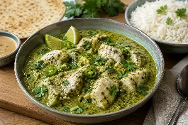 طبق سمك سوداني بالكاري الأخضر وجوز الهند، قطع فيليه سمك أبيض تسبح في صلصة كاري خضراء غنية بحليب جوز الهند والكزبرة والفلفل الحار، تقدم مع أرز بسمتي وشرائح ليمون
