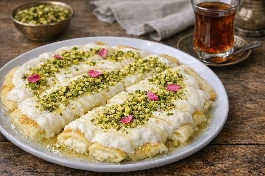 طريقة-عمل-طبق من حلاوة الجبن السورية مع القشطة، مزين بالفستق الحلبي وماء الورد، بجانب كأس شاي