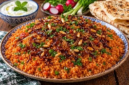 طبق برغل بالبندورة والبصل المحمر سوري، حبات برغل خشنة مفلفلة في صلصة طماطم غنية بالبصل المحمر الذهبي، مزين بالصنوبر المحمص والبقدونس، مع لبن رائب وخبز عربي
