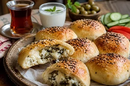 صينية معجنات سورية بالجبنة والزعتر البري، أقراص ذهبية منتفخة محشوة بجبنة بيضاء وموزاريلا مع الزعتر البري وحبة البركة، تقدم مع شاي وكوب لبن رائب