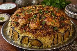 طبق مجلوبة دجاج سورية مقلوبة بشكل مثالي تظهر طبقات الأرز المفلفل والباذنجان والدجاج مع البصل المكرمل والصنوبر المحمص