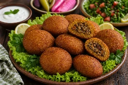 طبق كبة يقطين سورية ذهبية مقلية على شكل أقراص محشوة بالجوز والزبيب، مع عجينة متماسكة ناعمة بدون تشققات، إلى جانب سلطة خضراء ولبن زبادي