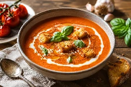طريقة-عمل-شوربة طماطم سورية مشوية بالفرن مع الثوم والريحان الطازج، تقدم في أطباق عميقة مزينة بأوراق الريحان وقطع الخبز المحمص