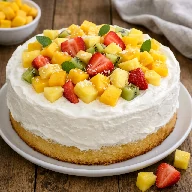 طريقة-عمل-كيكة فواكه استوائية بالكريمة والزبادي مزينة بقطع المانجو والأناناس