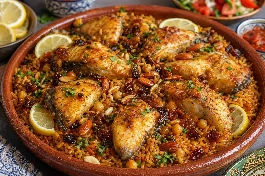 طريقة-عمل-طبق أرز تونسي بالسمك المحمر مع صلصة الهريسة والزبيب والمكسرات في طبق فخار تقليدي