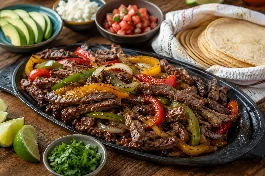 طبق فاهيتا لحم فنزويلي، قطع لحم بقري مشوي على الصاج مع شرائح الفلفل الملون والبصل، يقدم مع تورتيلا ذرة دافئة، شرائح أفوكادو، جبن أبيض مبشور، وصلصة حارة على طاولة خشبية