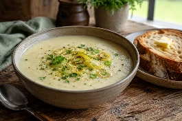 طبق شوربة عميق يحمل شوربة البطاطا والكراث الويلزية الكريمية، بلونها الأبيض المخملي، تعلوها حلقات الكراث المحمرة وقطع البصل الأخضر الطازج ورشة فلفل أسود، مع قطعة خبز ريفي محمص وزبدة على مائدة خشبية في كوخ ويلزي