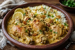 طريقة-عمل-طبق دجاج يمني بالكاري والزبيب واللوز بصلصة كريمية ذهبية، يقدم في طبق فخاري مع أرز مندي وشرائح اللوز المحمص