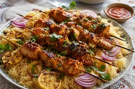 طريقة-عمل-أسياخ دجاج تكا يمني مشوية بلون أحمر ذهبي، تقدم في طبق مع شرائح الليمون المشوي والبصل الأحمر والكزبرة الطازجة والأرز البسمتي