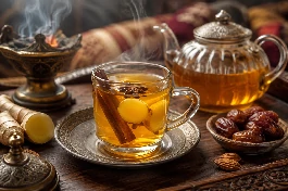 كوب شاي يمني بالزنجبيل والقرفة والعسل بلون ذهبي دافئ، مزين بعود قرفة وشرائح الزنجبيل الطازج ونجمة يانسون، يقدم في مجلس يمني تقليدي مع بخور وتمر