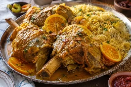 طبق لحم يمني بالبرتقال والزعفران، قطع لحم طري في صلصة ذهبية لامعة مع شرائح البرتقال والزعفران واللوز المحمص، يقدم مع أرز مندي ومخللات
