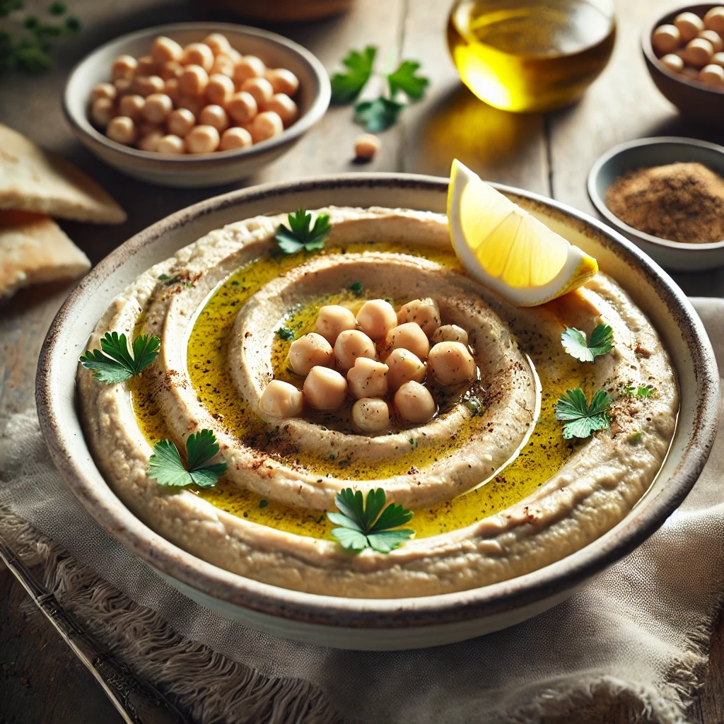 طريقة-عمل-سلطة حمص بالطحينة والليمون في طبق تقديم مزين بالبقدونس مع زيت الزيتون