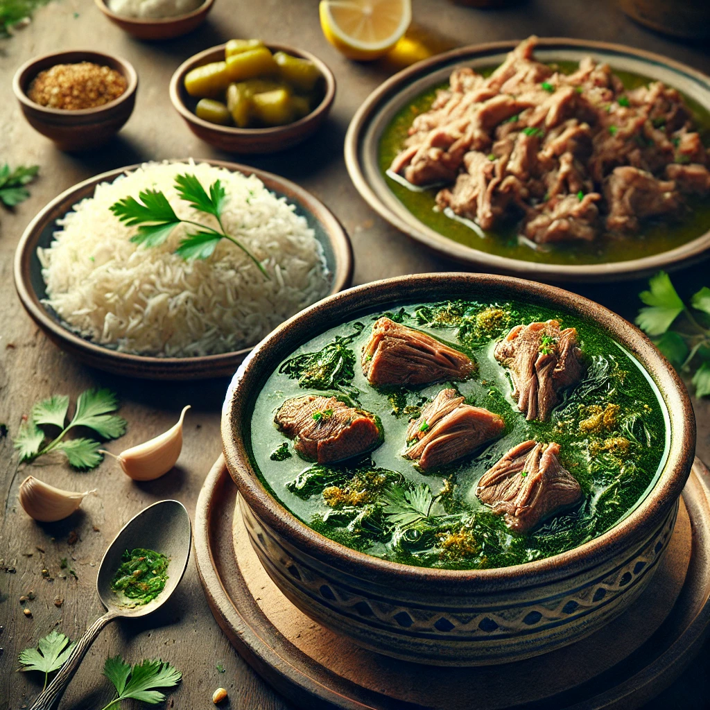 طريقة-عمل-ملوخية بالأرانب طبق مصري تقليدي يُقدَّم مع الأرز الأبيض ويتميز بقوام حريري ونكهة غنية