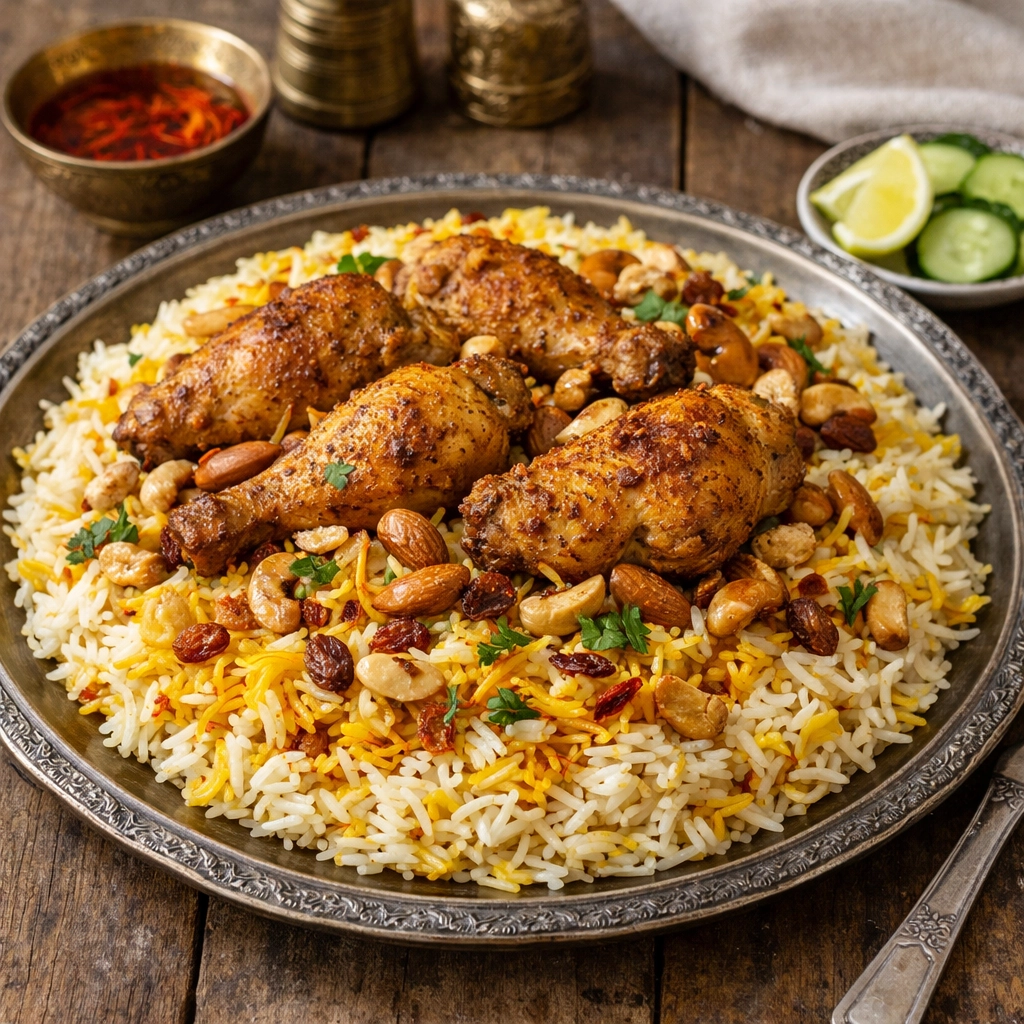 طريقة-عمل-أرز بسمتي بالدجاج والزعفران بلون ذهبي مع قطع دجاج متبلة ومقدمة بطريقة فاخرة