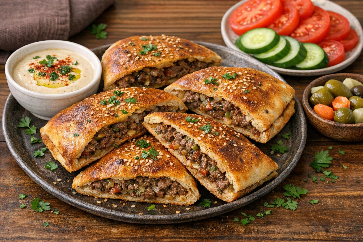 طريقة-عمل-طبق حواوشي اسكندرانى ذهبي اللون محشو باللحم المفروم والبهارات والبصل، مقطع إلى أرباع، مع سلطة الطحينة والطماطم والخيار على الجانبين