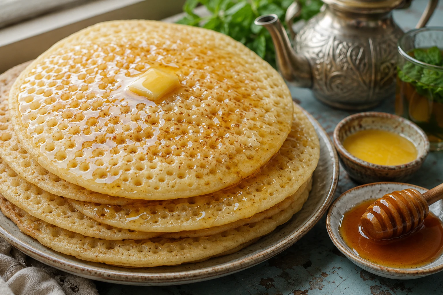 طريقة-عمل-خبز بغرير جزائري ذهبي مليء بالفقاعات الكثيفة، مكدس في طبق ومزين بالعسل السائل والزبدة الذائبة، مع إبريق شاي النعناع
