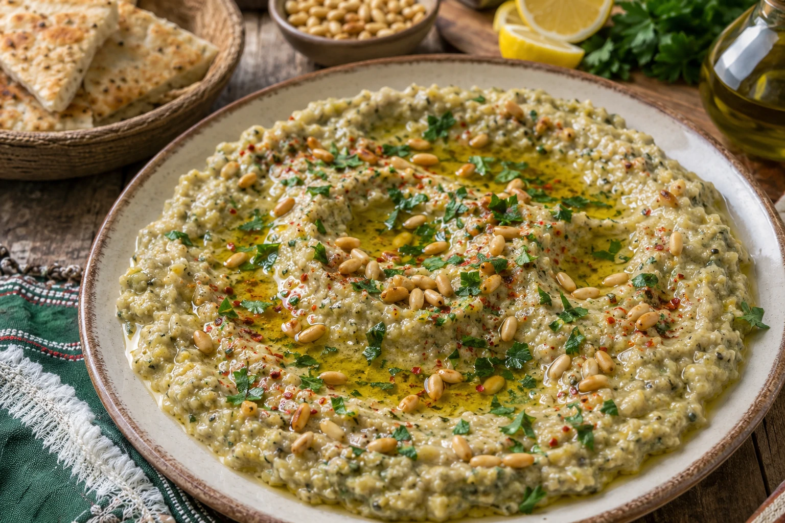 طبق متبل كوسا بالطحينة والثوم المدخن جزائري بقوام كريمي متماسك، مزين بزيت الزيتون والصنوبر المحمص والبقدونس الطازج