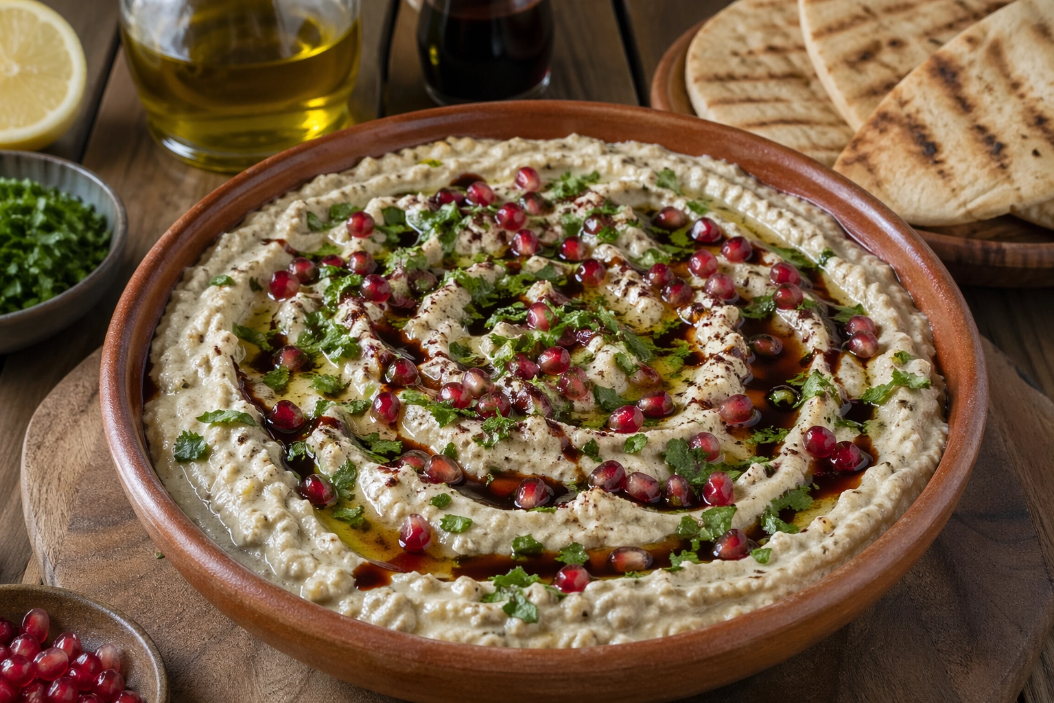 طريقة-عمل-طبق بابا غنوج شامي كريمي في وعاء فخاري، مزين بزيت الزيتون ودبس الرمان والبقدونس وحبات الرمان، مع خبز عربي مشوي على الجانب